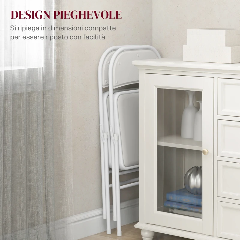HOMCOM Set 2 Sedie Pieghevoli Imbottite in Finta Pelle PU e Metallo, 45x46x78 cm, Bianco
