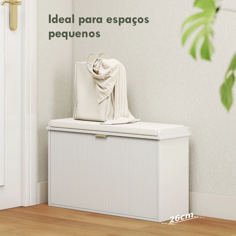 HOMCOM Banco Sapateira Móvel Sapateira Estreito com Assento Estofado Caixa Rebatível e Painel de Ripas 80x26x47,5 cm Branco