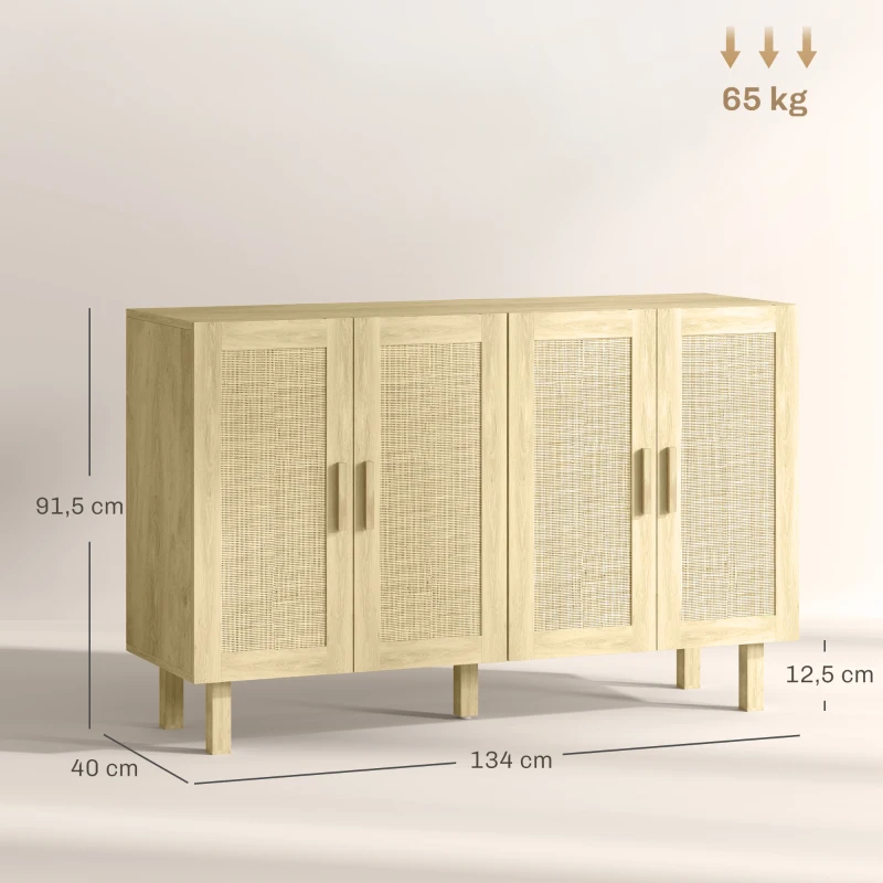 HOMCOM Aparador para Salón con 4 Puertas de Rejilla y Estantes Ajustables Aparador de Estilo Cannage 120x39,5x76 cm Natural