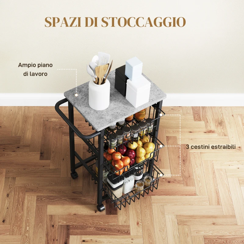 HOMCOM Carrello da Cucina a 3 Cestelli con Maniglia, in Acciaio e Legno, 49.5x31x69 cm, Nero e Grigio Chiaro