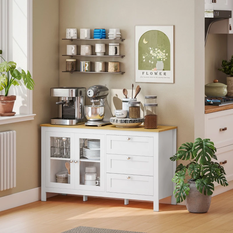 HOMCOM Aparador para Salón Armario Auxiliar con 2 Puertas de Vidrio 3 Cajones Estante Ajustable para Cocina 120x40x70 cm Blanco