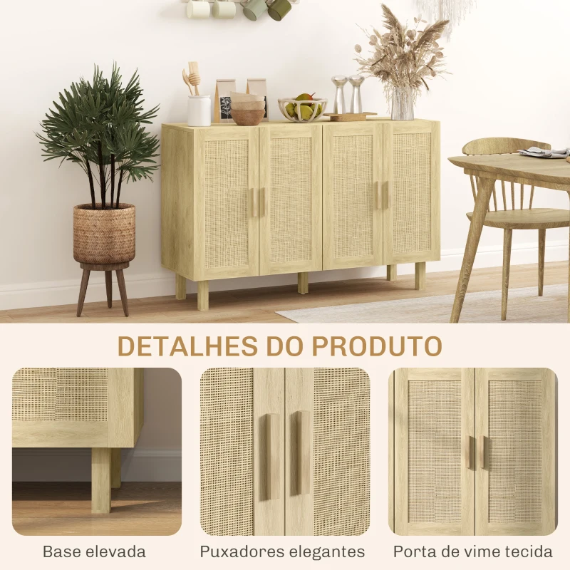 HOMCOM Aparador de Sala de Estar com 4 Portas com Rede em Vime e Prateleiras Ajustáveis Aparador para Cozinha 120x39,5x76 cm Madeira