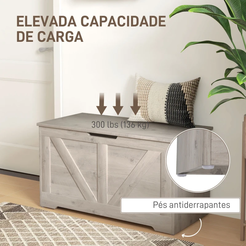HOMCOM Baú de Armazenamento 100L Baú de Arrumação com Tampa e Dobradiça de Segurança 80x40x45 cm Cinzento Claro