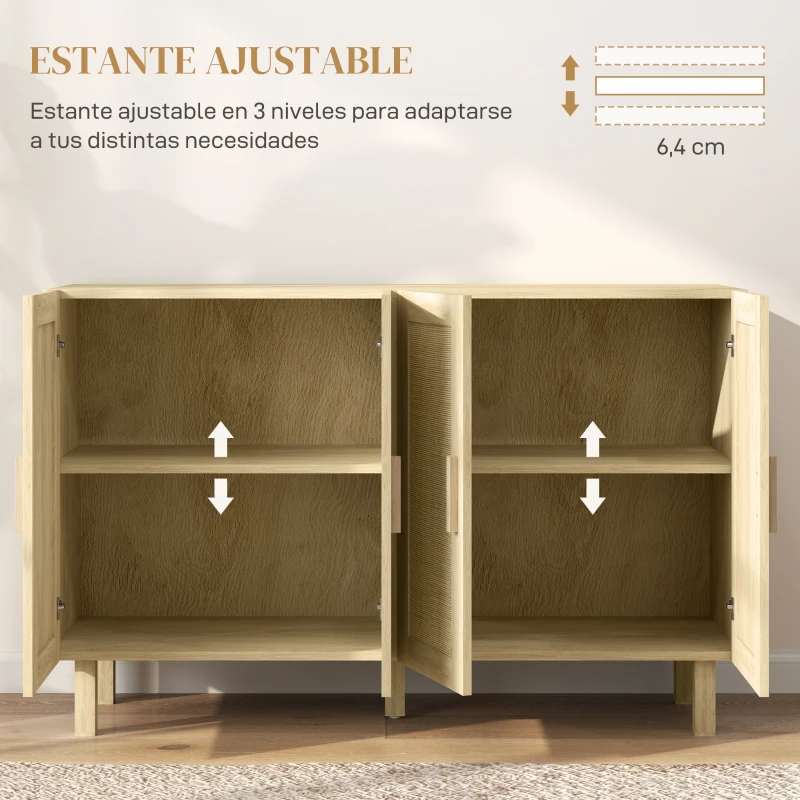 HOMCOM Aparador para Salón con 4 Puertas de Rejilla y Estantes Ajustables Aparador de Estilo Cannage 120x39,5x76 cm Natural