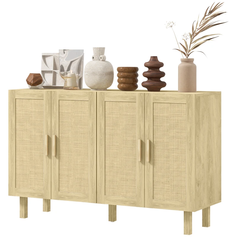 HOMCOM Aparador de Sala de Estar com 4 Portas com Rede em Vime e Prateleiras Ajustáveis Aparador para Cozinha 120x39,5x76 cm Madeira