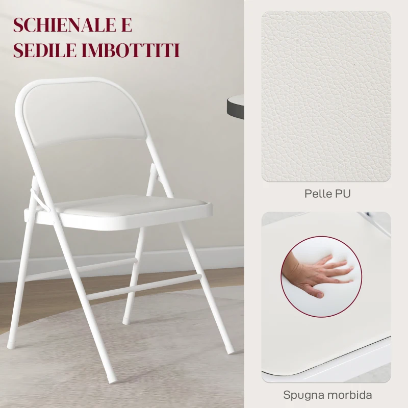 HOMCOM Set 2 Sedie Pieghevoli Imbottite in Finta Pelle PU e Metallo, 45x46x78 cm, Bianco