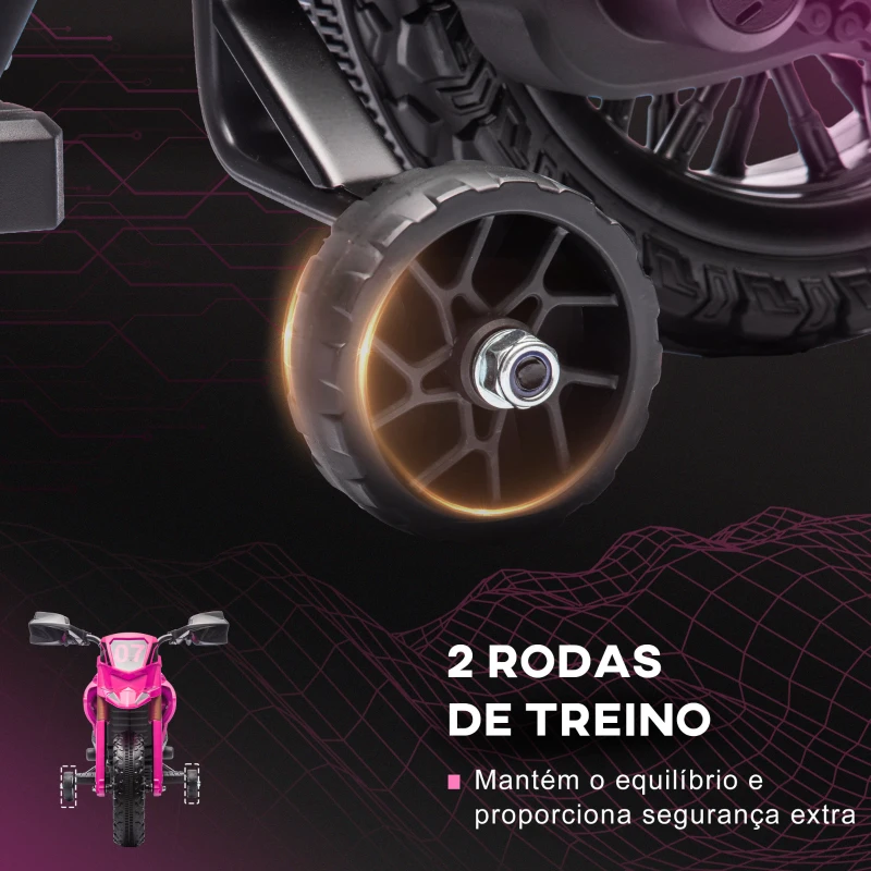 AIYAPLAY Mota Elétrica para Crianças Moto a Bateria para Crianças 6V com Rodas de Treino e Buzina 105x57x62 cm Rosa
