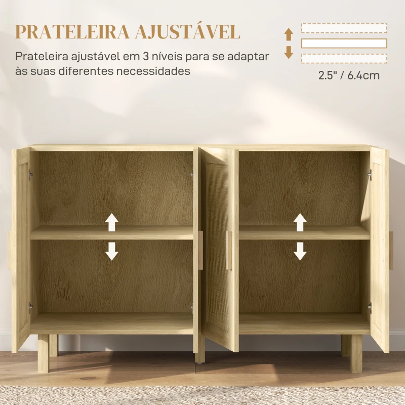 HOMCOM Aparador de Sala de Estar com 4 Portas com Rede em Vime e Prateleiras Ajustáveis Aparador para Cozinha 120x39,5x76 cm Madeira