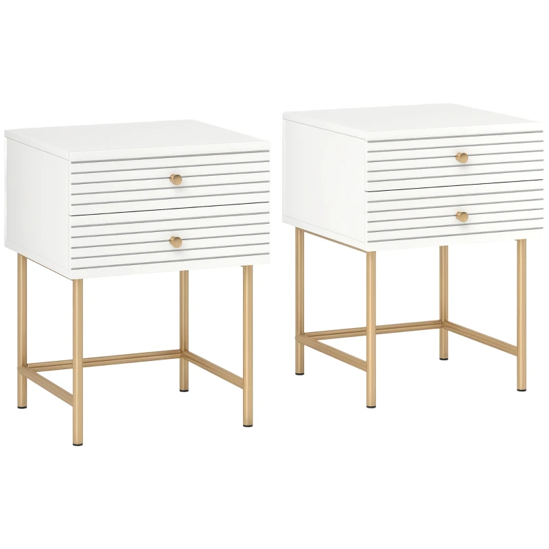 HOMCOM Set of Two Elegant Bedside Tables - White/Gold-Tone