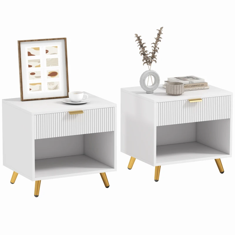 HOMCOM Bedside Tables Set of 2, Bedside Cabinets With Drawer and Open Compartment, Nightstands With Handle for Bedroom, Living Room, White