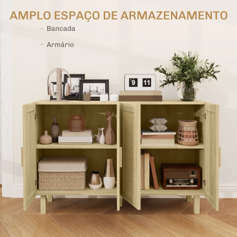 HOMCOM Aparador de Sala de Estar com 4 Portas com Rede em Vime e Prateleiras Ajustáveis Aparador para Cozinha 120x39,5x76 cm Madeira