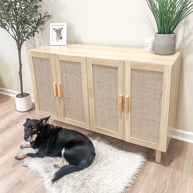 HOMCOM Aparador de Sala de Estar com 4 Portas com Rede em Vime e Prateleiras Ajustáveis Aparador para Cozinha 120x39,5x76 cm Madeira