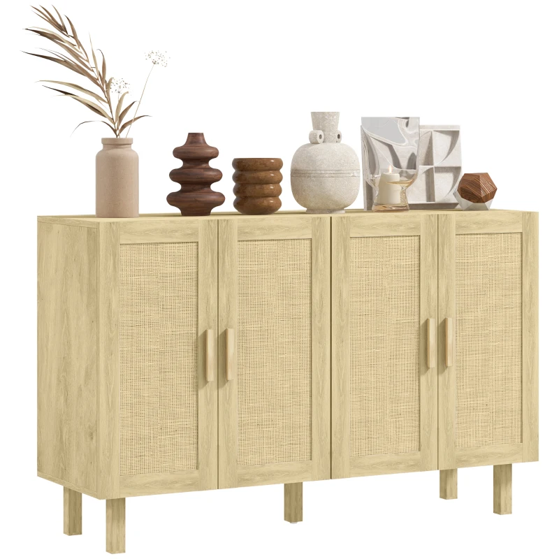 HOMCOM Aparador de Sala de Estar com 4 Portas com Rede em Vime e Prateleiras Ajustáveis Aparador para Cozinha 120x39,5x76 cm Madeira