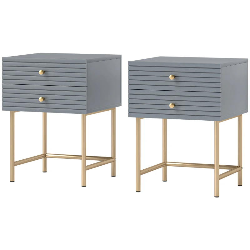 HOMCOM Set of Two Elegant Bedside Tables - Grey/Gold-Tone