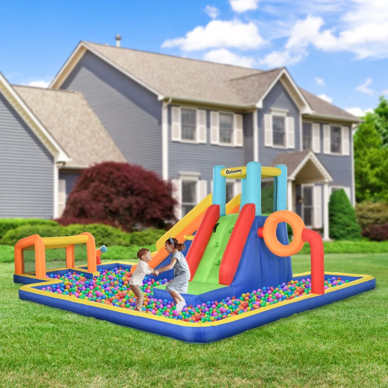 Outsunny Castel Gonflabil cu Tobogan, Perete de Cățărare, Tun de Apă, Inel de Baschet și Poartă de Fotbal, 590x460x220 cm, Multicolor