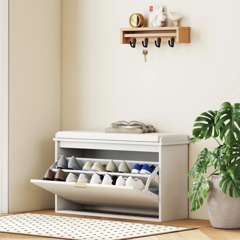 HOMCOM Banco Sapateira Móvel Sapateira Estreito com Assento Estofado Caixa Rebatível e Painel de Ripas 80x26x47,5 cm Branco