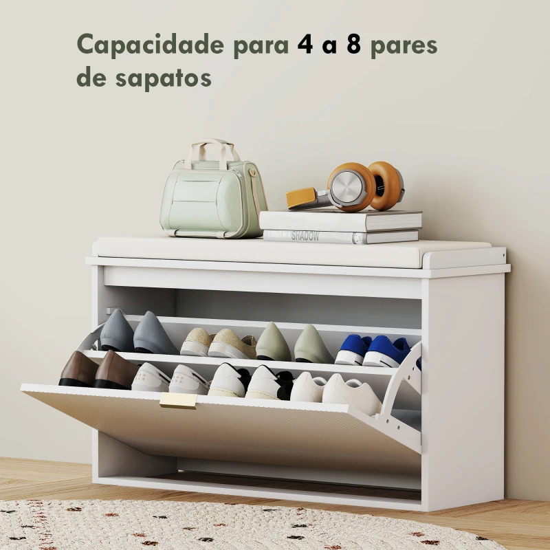 HOMCOM Banco Sapateira Móvel Sapateira Estreito com Assento Estofado Caixa Rebatível e Painel de Ripas 80x26x47,5 cm Branco