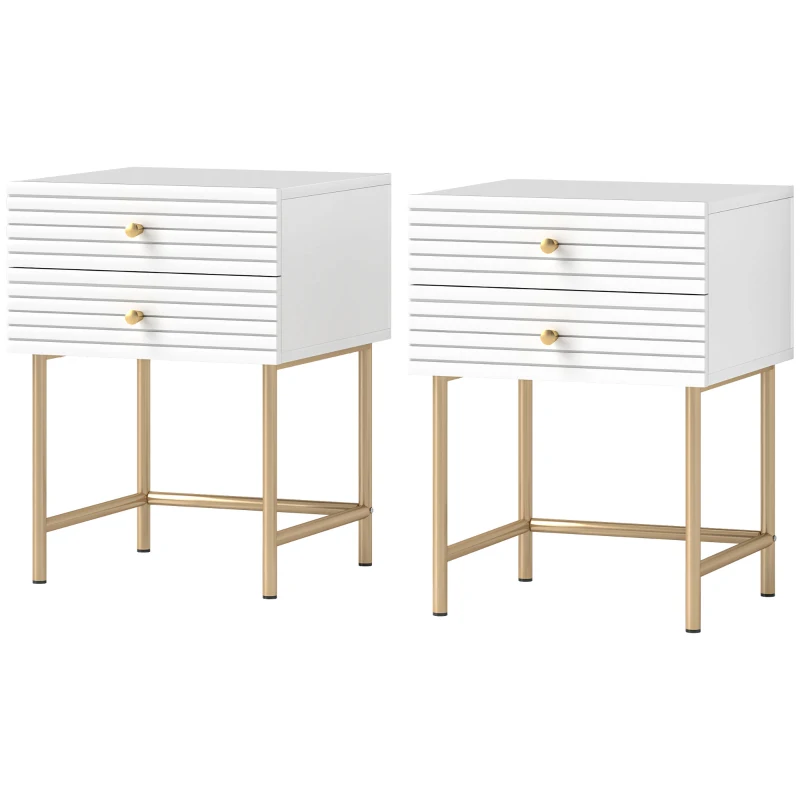 HOMCOM Set of Two Elegant Bedside Tables - White/Gold-Tone