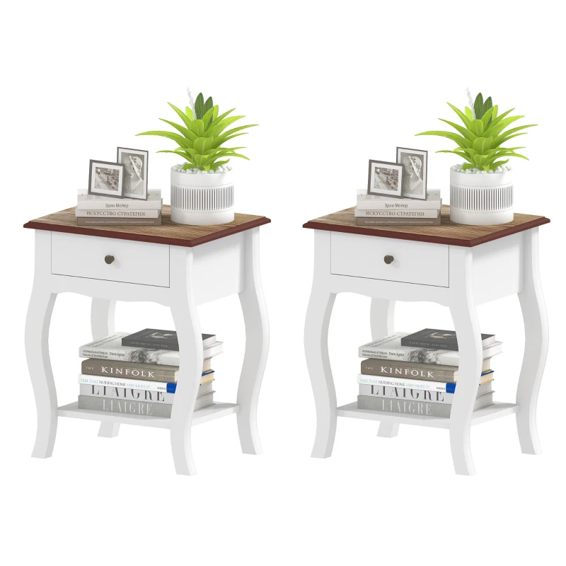 HOMCOM Set di 2 Comodini da Notte con Cassetto e Ripiano Aperto Effetto Rovere Stile Francese 45x35x55 cm Bianco e Rovere