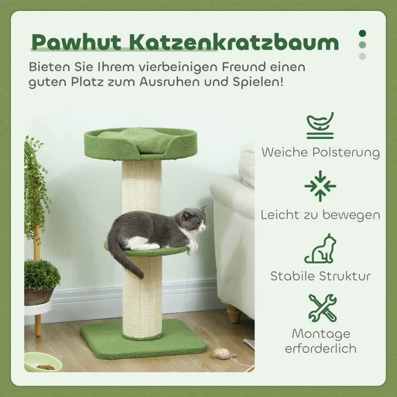 PawHut Kattenboom 91cm Speelboom met Kattenbed, Platform Lammewol Groen