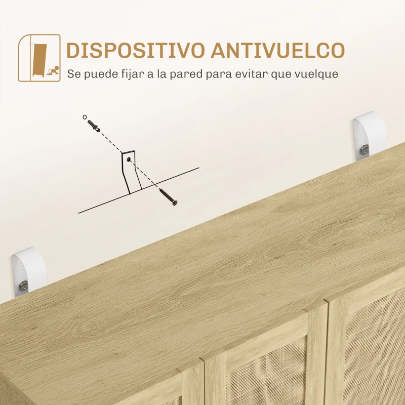 HOMCOM Aparador para Salón con 4 Puertas de Rejilla y Estantes Ajustables Aparador de Estilo Cannage 120x39,5x76 cm Natural