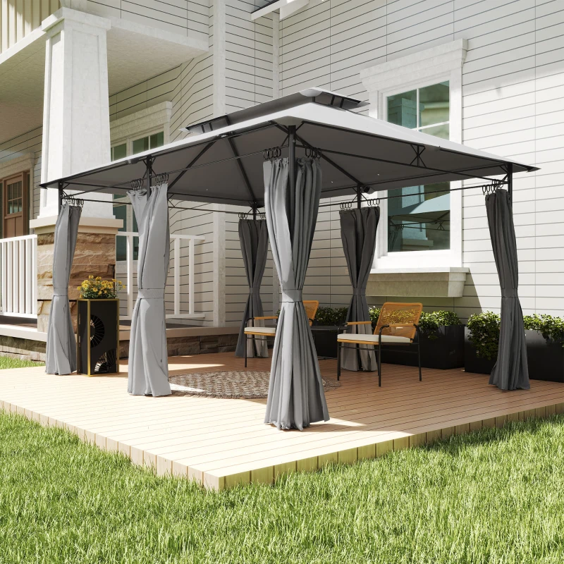 Outsunny Pérgola de Jardim 397x297x265 cm Pérgola de Exterior com Teto Duplo Paredes Laterais Resistente a Água Cinza Escuro