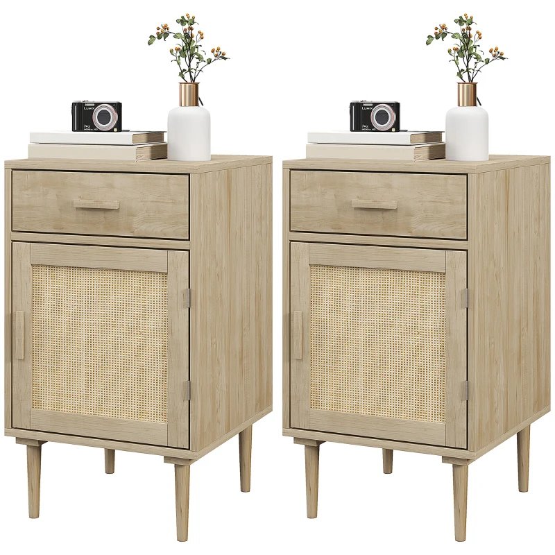 HOMCOM Bedside Tables Set of 2, Rattan Side Tables with Drawer, Cabinet and Adjustable Shelf, Boho Bedside Cabinets with Storage for Bedroom, Living Room, Natural Wood Finish