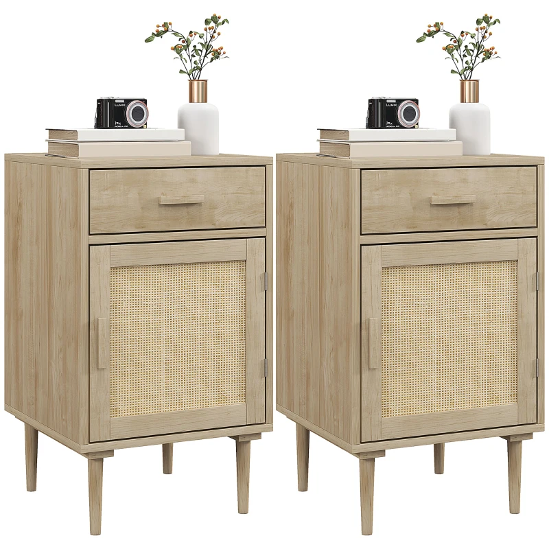 HOMCOM Bedside Tables Set of 2, Rattan Side Tables with Drawer, Cabinet and Adjustable Shelf, Boho Bedside Cabinets with Storage for Bedroom, Living Room, Natural Wood Finish
