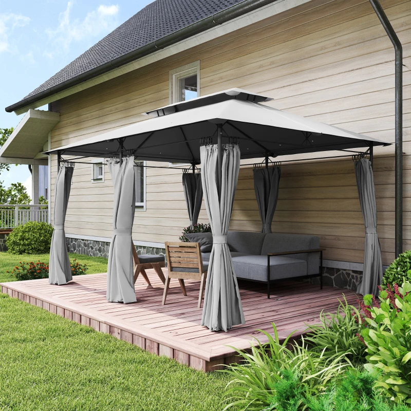 Outsunny Pérgola de Jardim 397x297x265 cm Pérgola de Exterior com Teto Duplo Paredes Laterais Resistente a Água Cinza Escuro