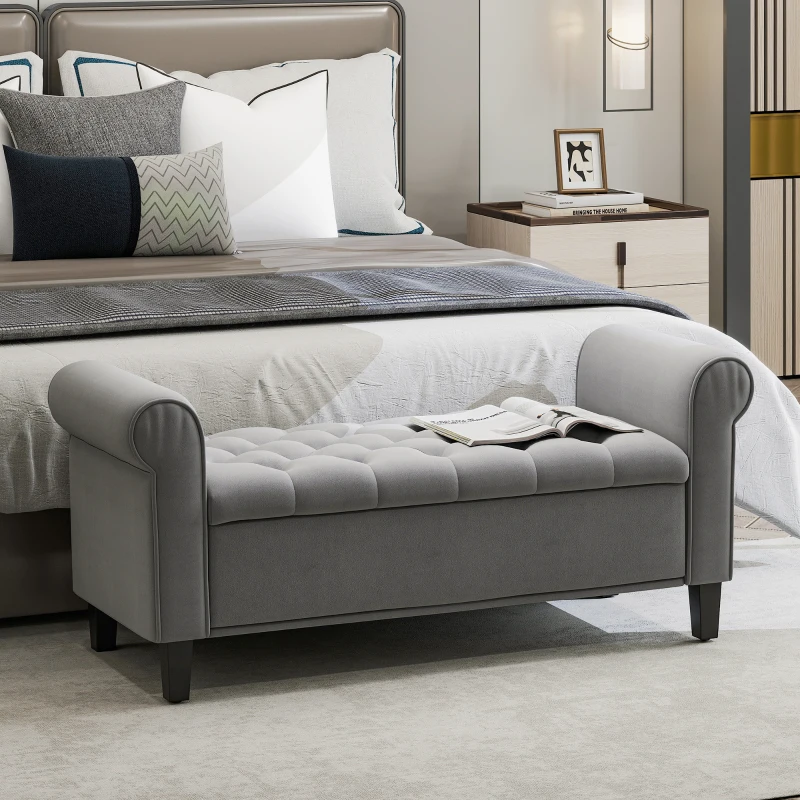 HOMCOM Panca Fondo Letto in Tessuto Vellutato con Spazio Portaoggetti e Braccioli, 126x48.5x57 cm, Grigio