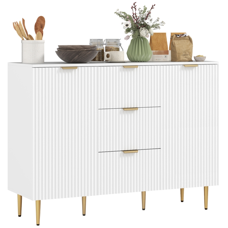 HOMCOM Buffet mobile da cucina con 3 cassetti, ripiani regolabili, armadi a pannelli a coste, 120 x 40 x 90 cm, bianco
