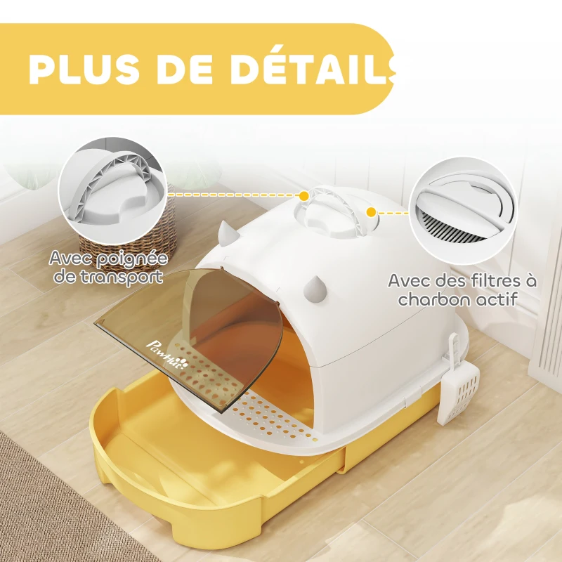 PawHut Maison de toilette pour chat bac à litière fermé chat poignée de transport porte translucide 40,5 x 52 x 39 cm jaune
