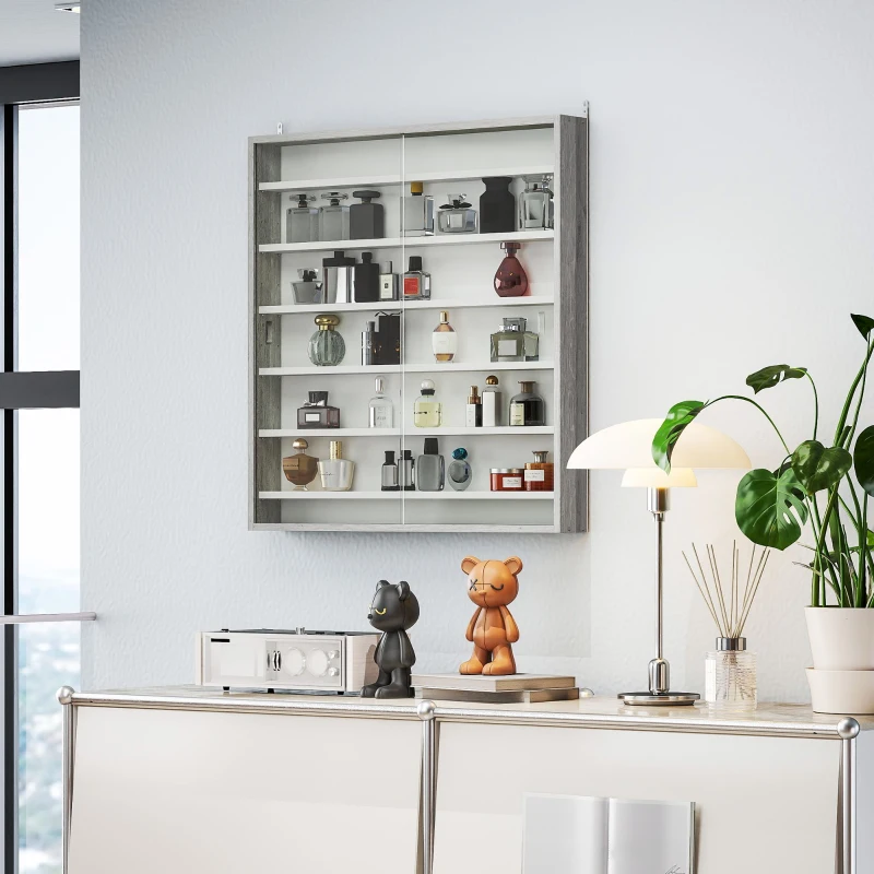 HOMCOM Six Shelf Display Cabinet, with Glass Doors - Graphite Wood Effect