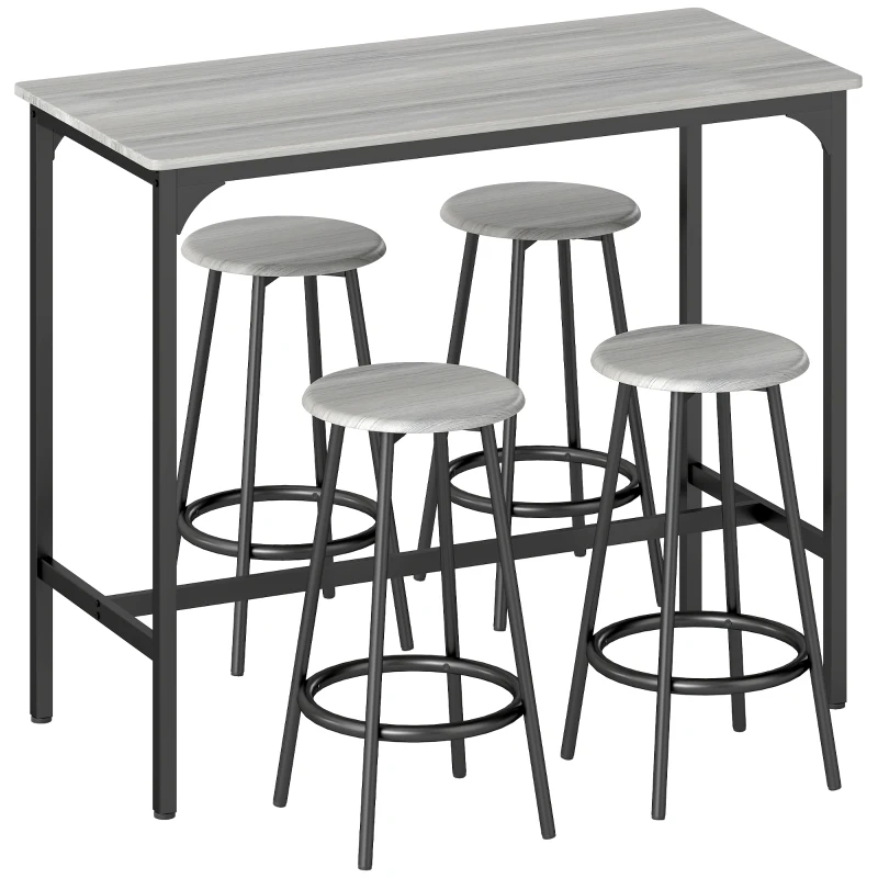 HOMCOM Conjunto de Móveis Altos de Bar com 5 Peças Mesa de Refeição Industrial e 4 Bancos Redondos Cinzento e Preto