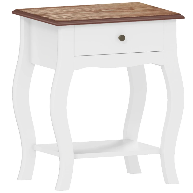 HOMCOM Mesita de Noche con Cajón y Estante Abierto de Estilo Francés en Madera, 45x35x55 cm, Blanco y Roble