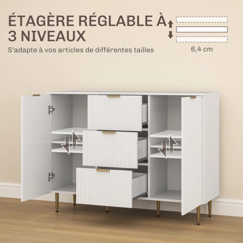 HOMCOM Buffet meuble cuisine rangement avec 3 tiroirs, étagères réglables, placards à portes cannelées, 120 x 40 x 90 cm, blanc