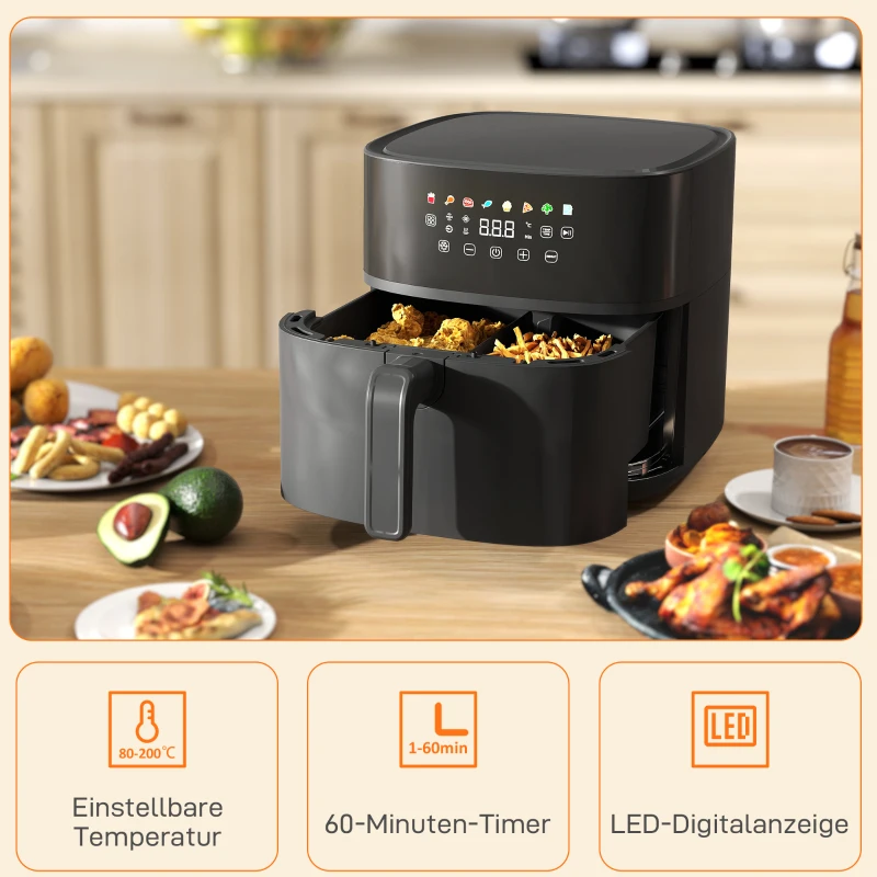 HOMCOM Frytkownica na gorące powietrze, Air Fryer, 8 programów, 8 litrów, ekran LED, Czarny