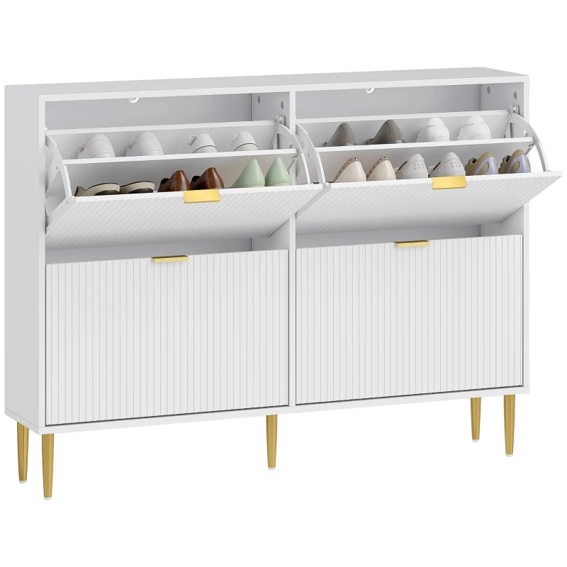 HOMCOM Scarpiera Slim per 20 Paia di Scarpe con 4 Cassetti a Ribalta e Ripiani Regolabili, 105x24x91.5 cm, Bianco