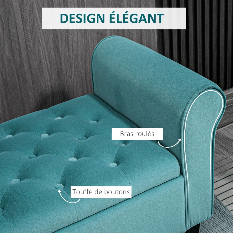 HOMCOM Banc de rangement bout de lit avec accoudoirs, tissu velours rembourré et capitonné, 126 x 48,5 x 57 cm, vert