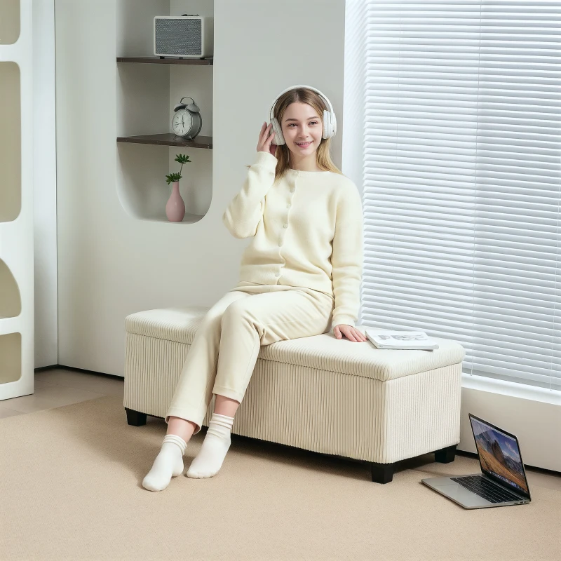 HOMCOM Panca Fondo Letto con Spazio Contenitore da 84L, in Tessuto Effetto Velluto a Coste e Acciaio, 112x42x40 cm, Beige