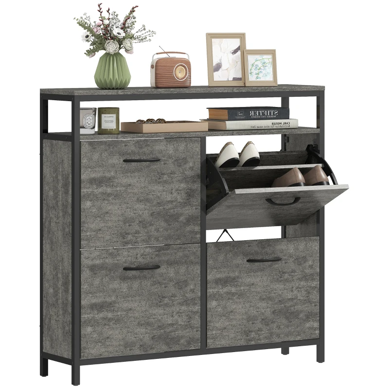 HOMCOM Shoe Storage Cabinet with 4 Flip Drawers and Open Shelf - Cement Grey