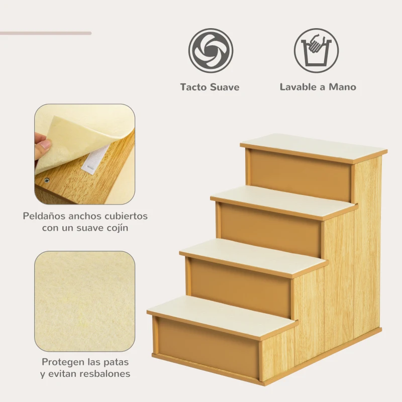 PawHut Escalera para Mascotas Escalones para Perros Gatos con Acolchados Desmontables Carga 30 kg 40x59x54,2 cm Natural y Crema