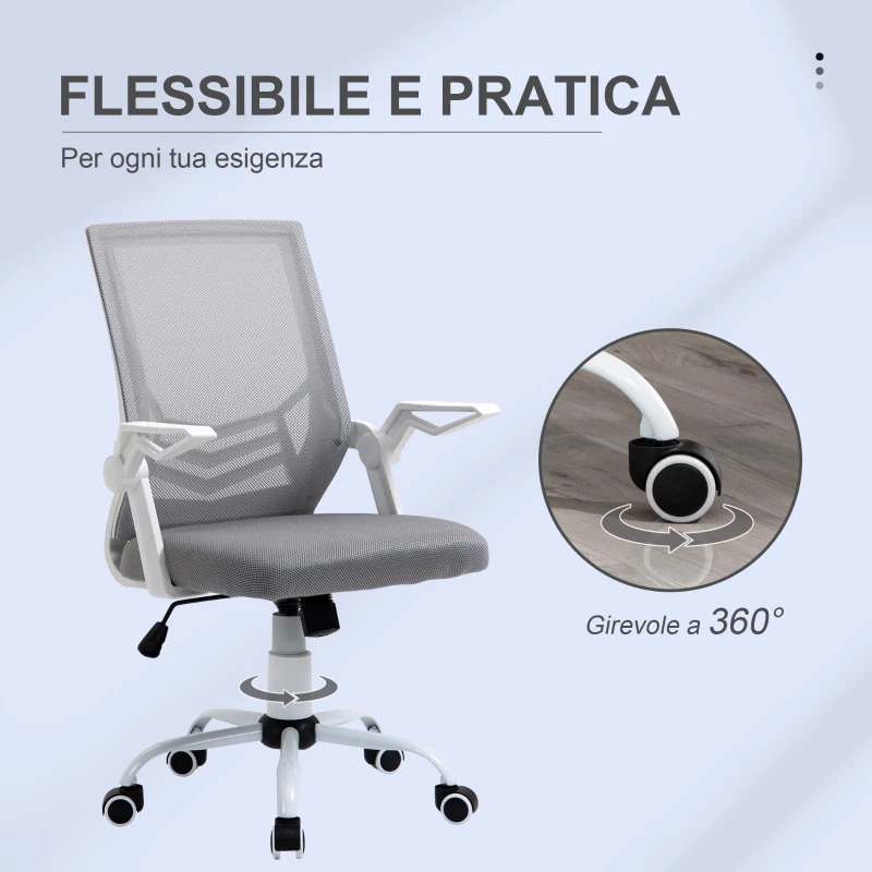 Vinsetto Sedia da Ufficio Ergonomica con Braccioli e Supporto Lombare, in Tessuto Effetto Lino, 62.5x55x94-104 cm, Grigia