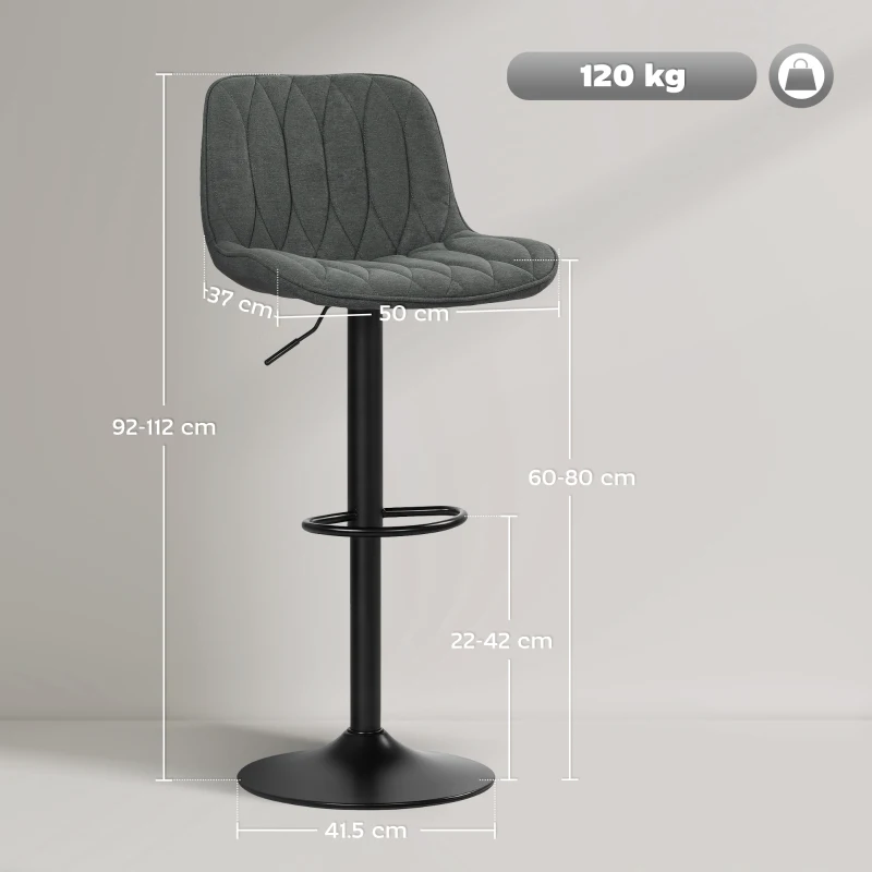 HOMCOM Set of Two Linen-Look Bar Stools - Charcoal Grey