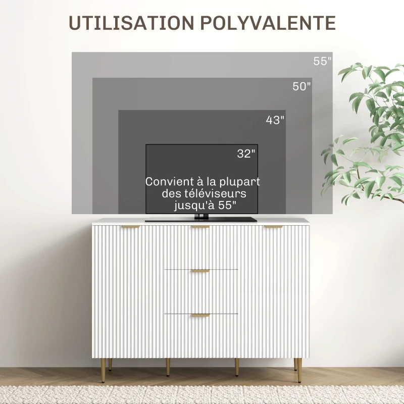 HOMCOM Buffet meuble cuisine rangement avec 3 tiroirs, étagères réglables, placards à portes cannelées, 120 x 40 x 90 cm, blanc