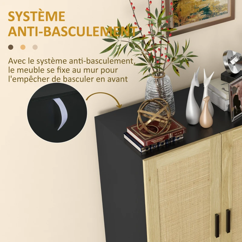 HOMCOM Buffet haut meuble de rangement design bohème double portes avec 3 étagères en cannage - 73 x 41 x 102 cm