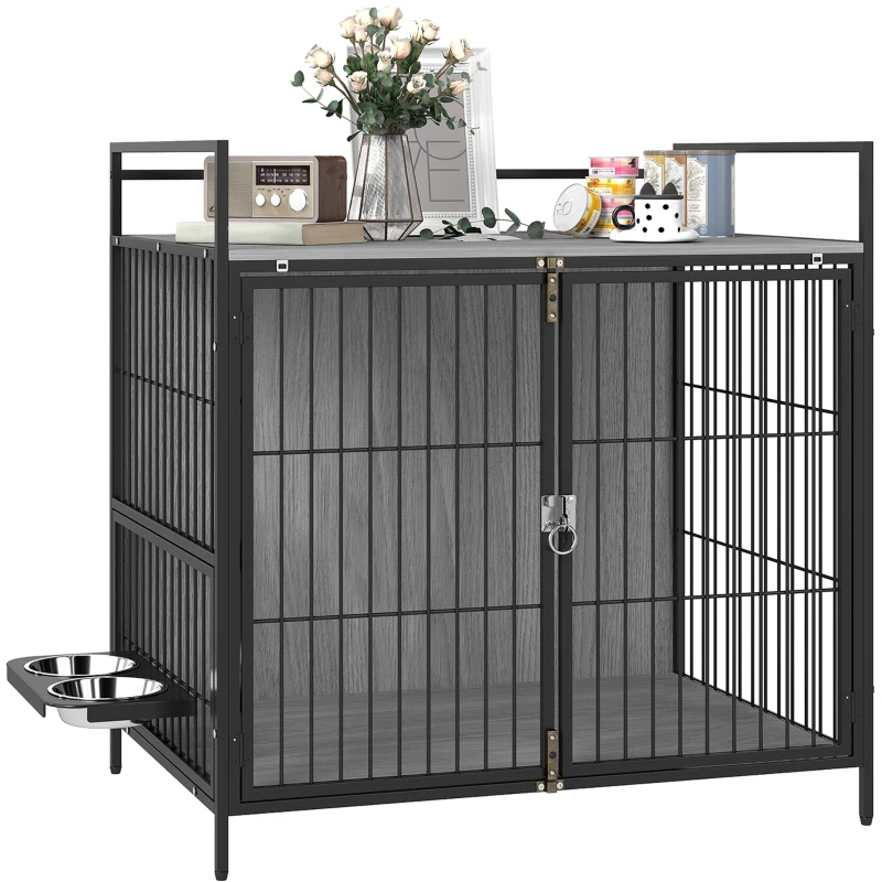 PawHut Dog Crate Furniture with Rotating Bowl Holder, 2 Bowls, 2 Doors, for Medium Dogs, 80 x 56 x 76.5 cm, Grey