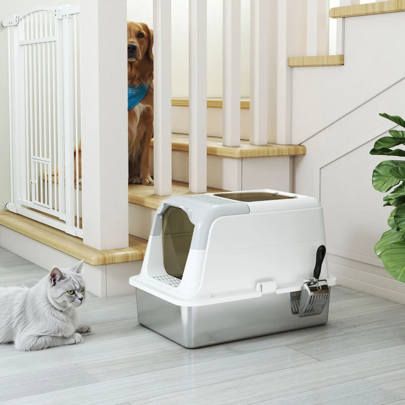 PawHut Kattenbak, kattenbox met deksel, kattenbakschep, vooringang en bovenuitgang roestvrijstaal tot 15 kg(m-9)