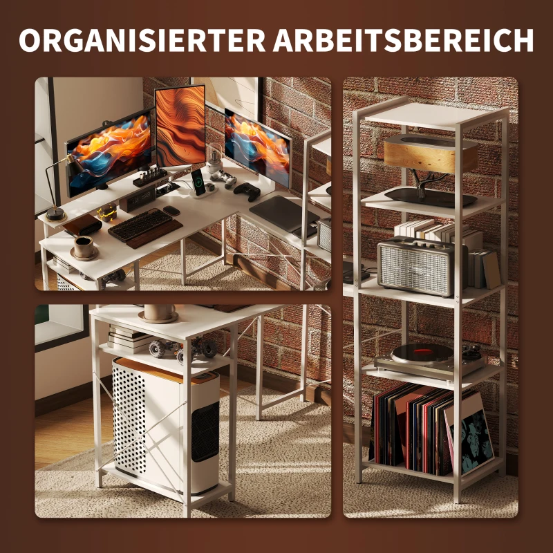 HOMCOM Bureau d'angle, en forme de L avec prise intégrée, support d'écran et étagère de rangement, blanc