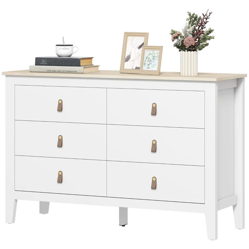 HOMCOM Comodă cu 6 Sertare și Mânere din Piele Ecologică Albă, 120x40x78 cm